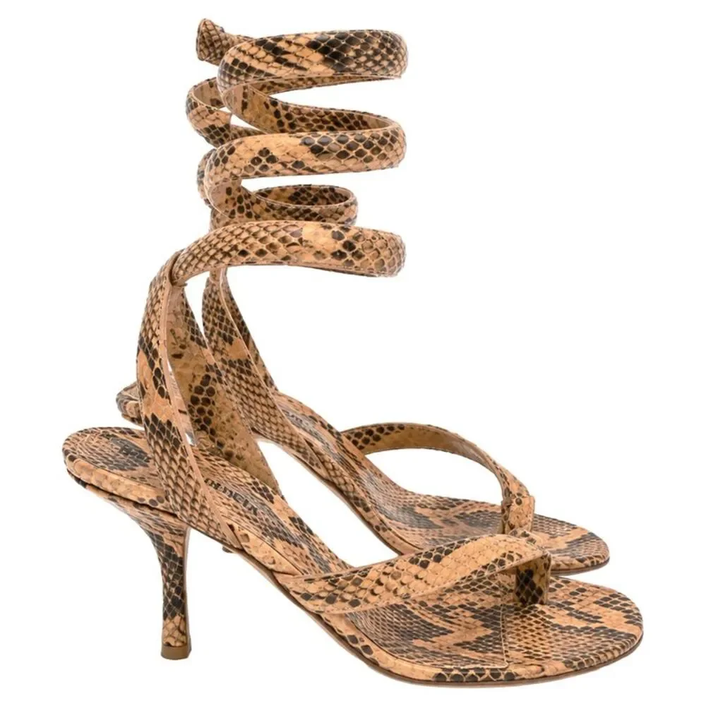 Bottega Veneta Snakeskin-Effect Wrap Around Sandal Heels in Brown Leather